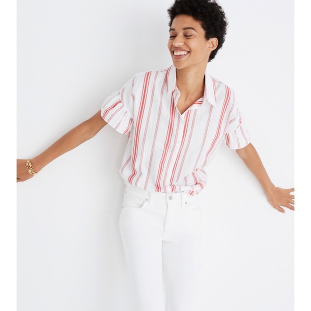 Central Ruffle-Sleeve Shirt in Carey Stripe